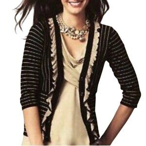 Cabi The Flirt Striped Ruffled Cardigan Sweater V Neck Black Cream Size L